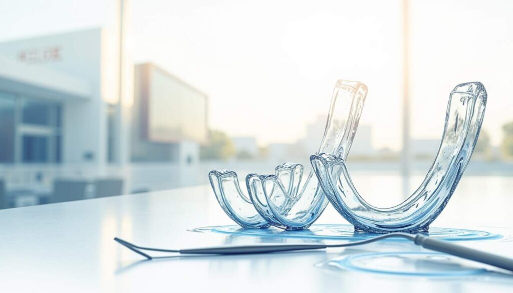 An abstract representation of clear aligners and dental tools