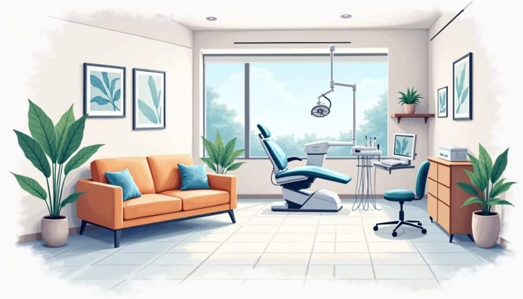 A modern dental clinic interior featuring a comfortable waiting area